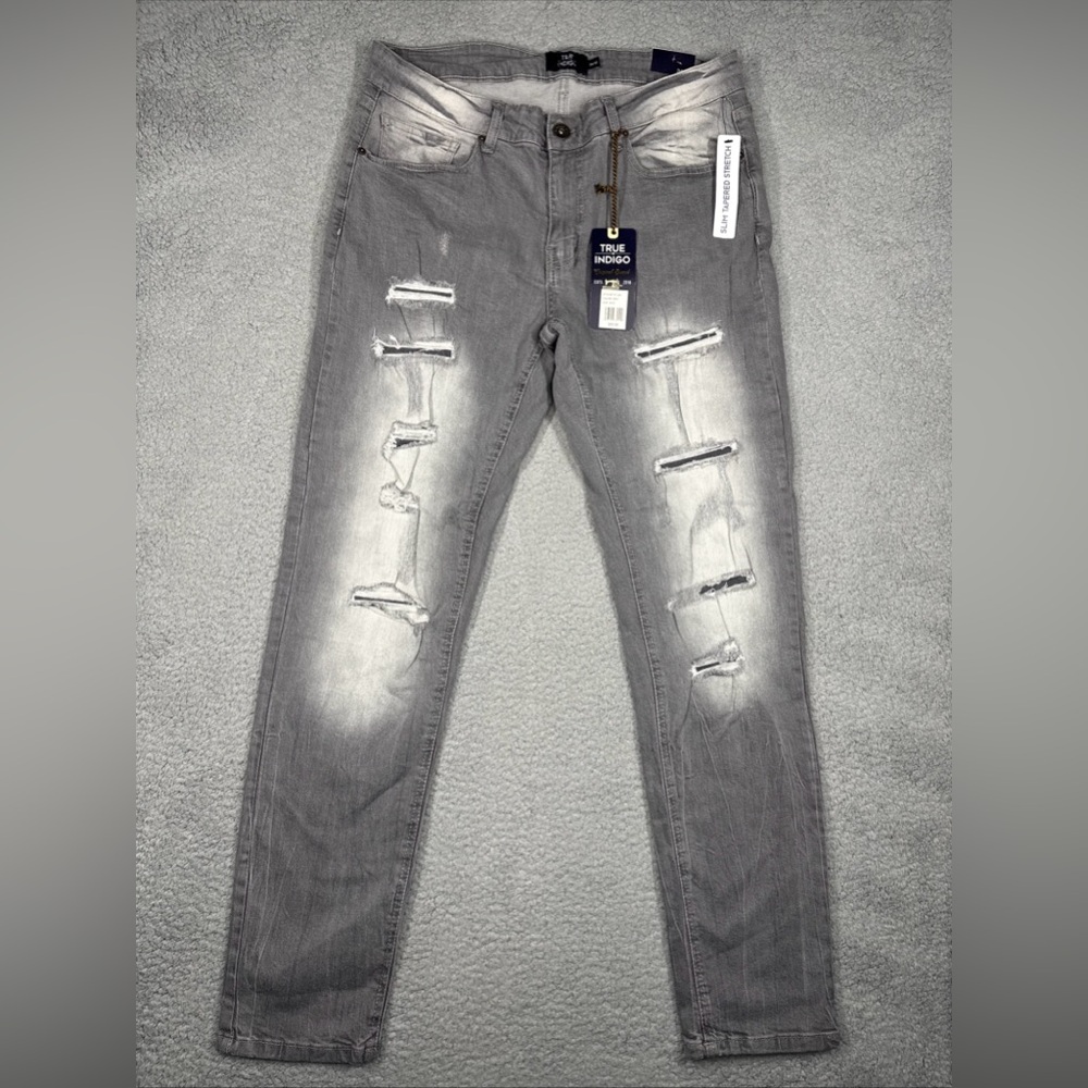 True Indigo Slim Stretch Gray Distressed  5 Pocket Jeans Mens 34X32 NWT